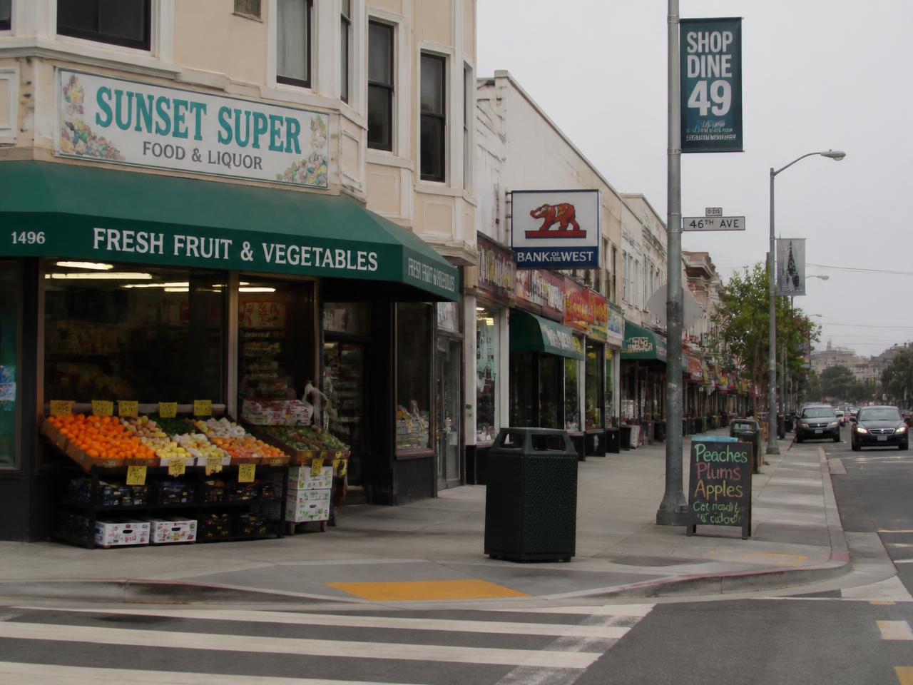 A neighborhood commercial corridor in San Francisco's Sunset District with a corner grocery