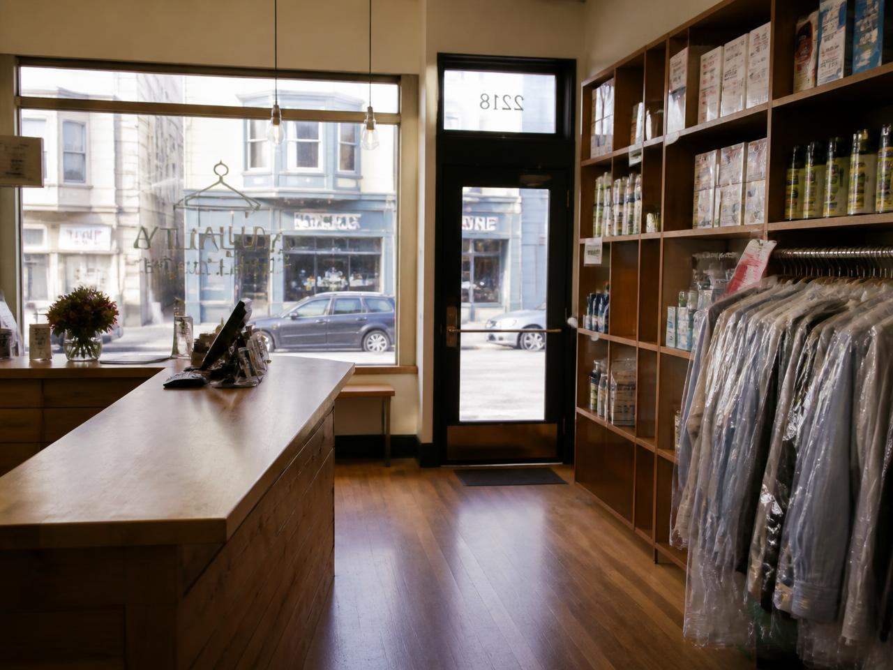 Interior of a small San Francisco neighborhood service business with a wooden counter